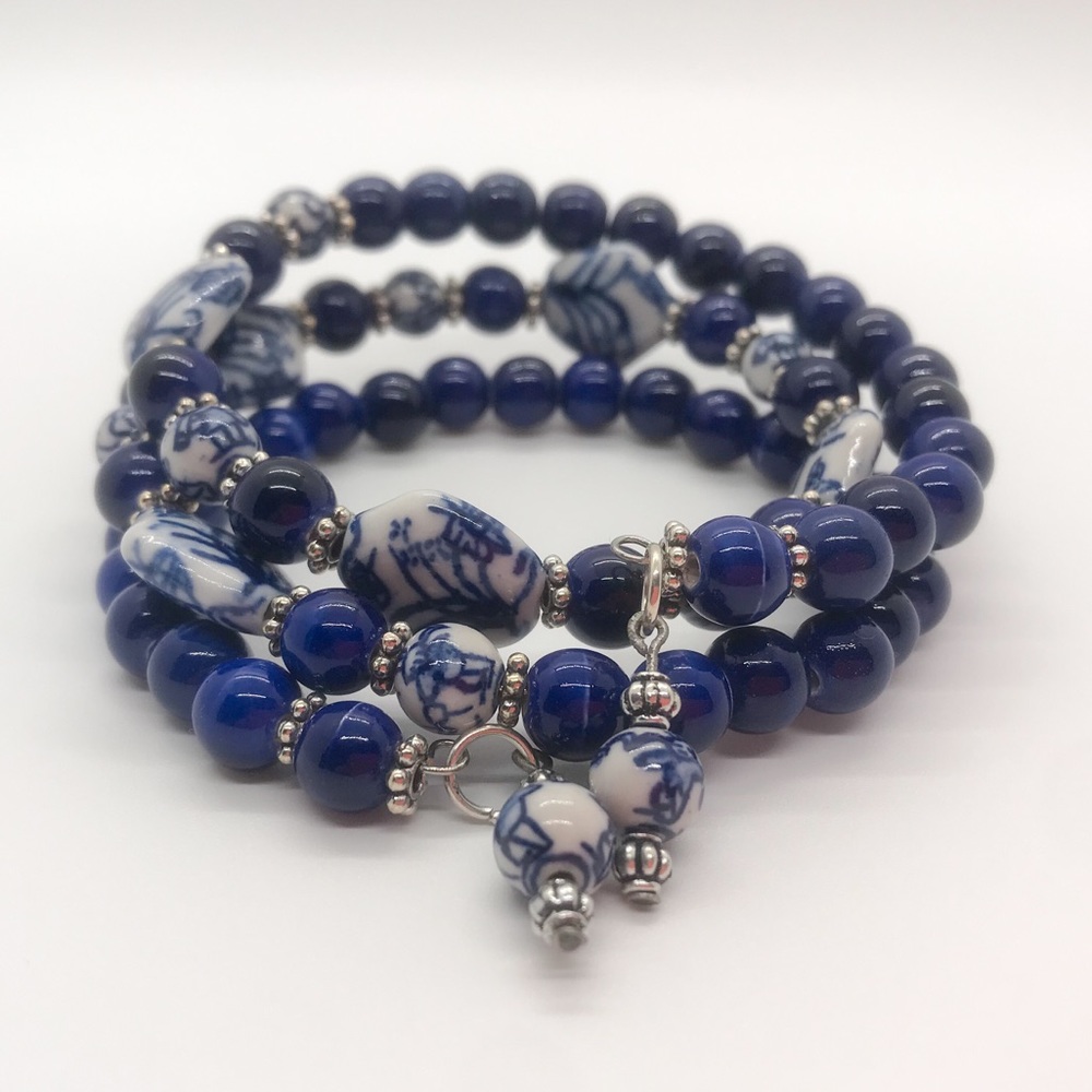 Cobalt Blue and White Ceramic Beaded Bracelet